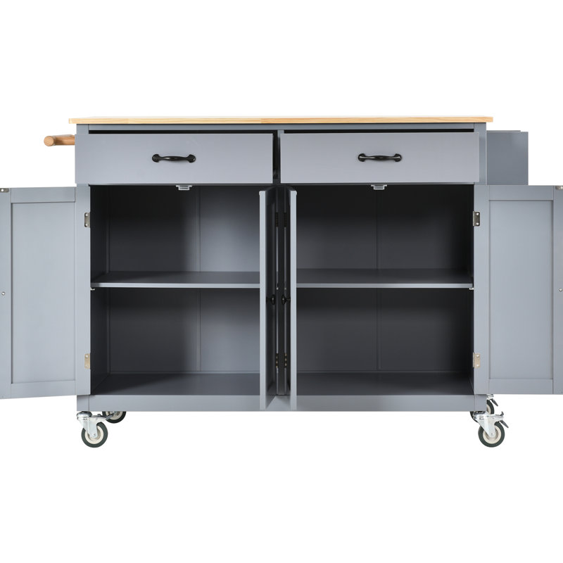 Chariot pour îlot de cuisine - plateau en bois massif, armoire à 4 portes, 2 tiroirs, porte-épices et porte-serviettes, roulettes verrouillables avec finition