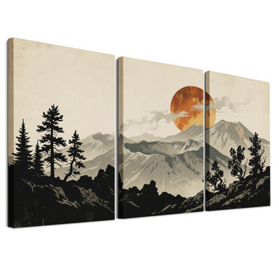 Ensemble de 3 toiles murales rétro représentant un coucher de soleil sur la montagne avec des arbres en silhouette