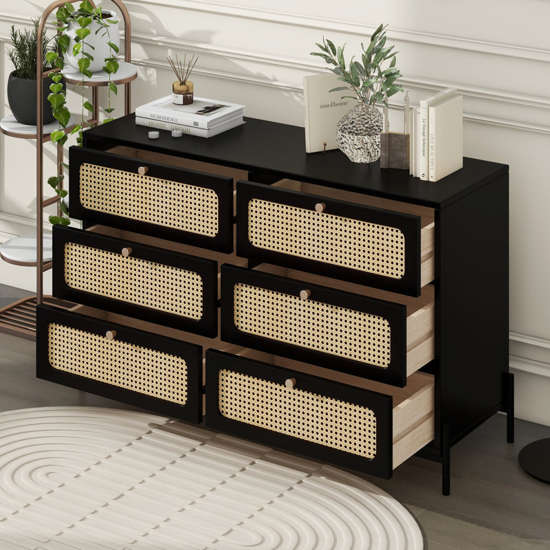 Commode 6 tiroirs avec tiroirs en rotin naturel