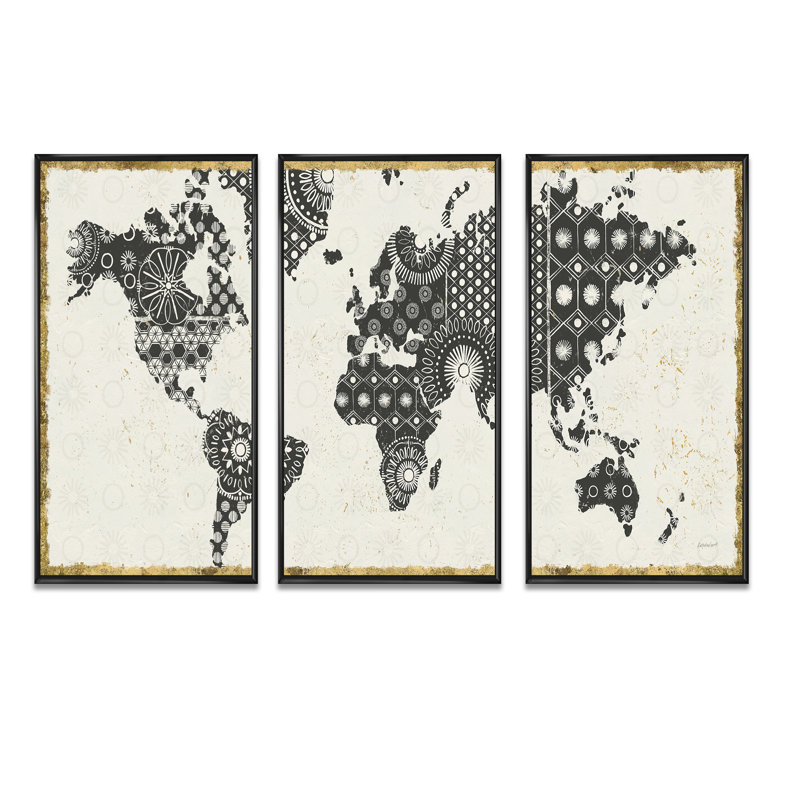 Carte Madallions - ensemble d'art mural sur toile traditionnel encadré de 3, L 36 po x H 28 po, Cadre noir