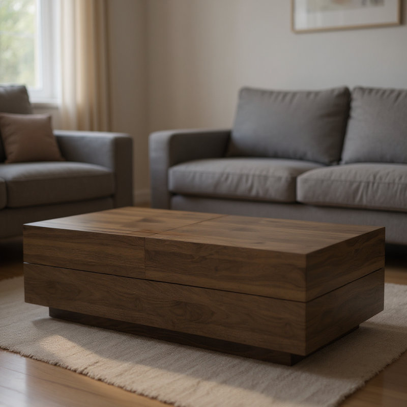 Table basse moderne en noyer moderne avec plateau coulissant et rangement caché, mobilier de salon élégant