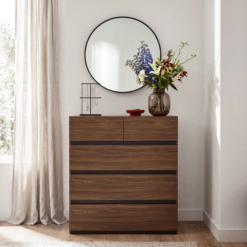 Minimalistic Chest of Drawers with 4 Spacious Drawers, Living Room/Bedroom, Engineered Wood, Black/Dark Walnut Decor, 99.9 cm W x 117.3 cm H x 41.9 cm D