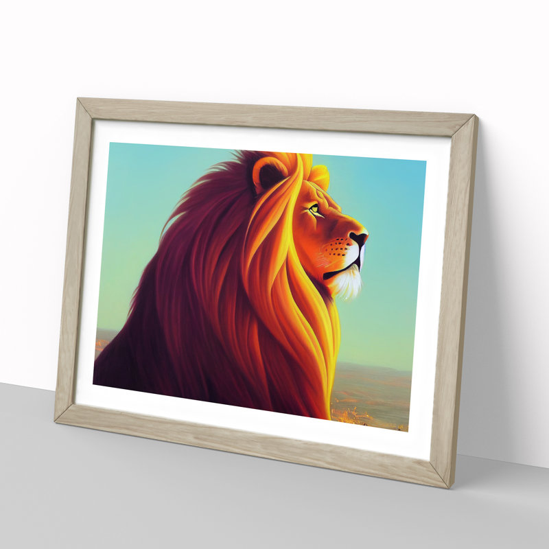 Fabulous Lion - Single Picture Frame Painting, 34cm H x 46cm W x 2cm D, Oak
