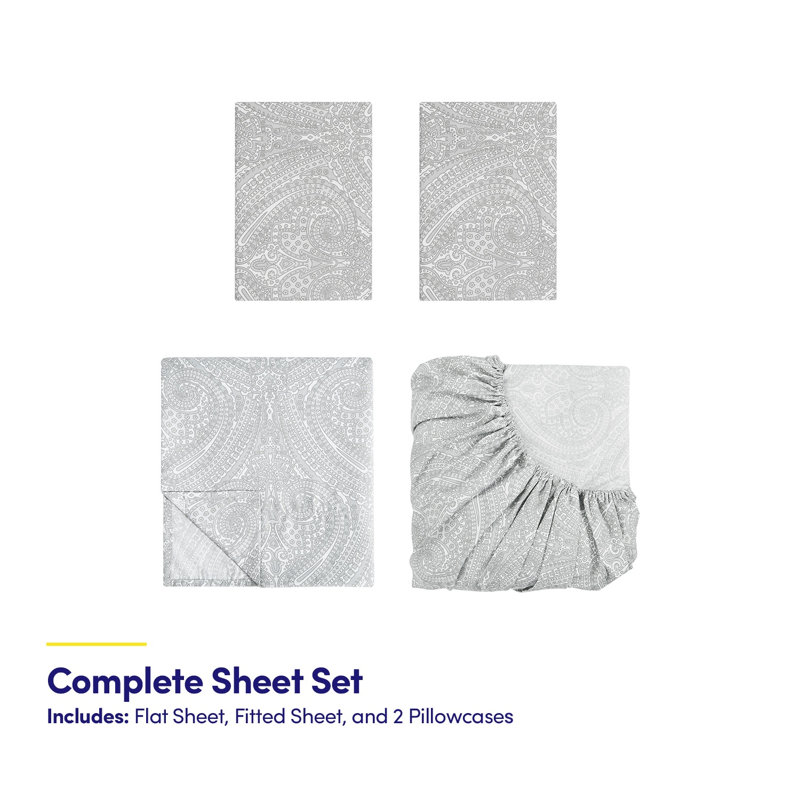 Microfiber Paisley Sheet Set, Gray, Cal. King Sheet Set with 2 Pillowcases