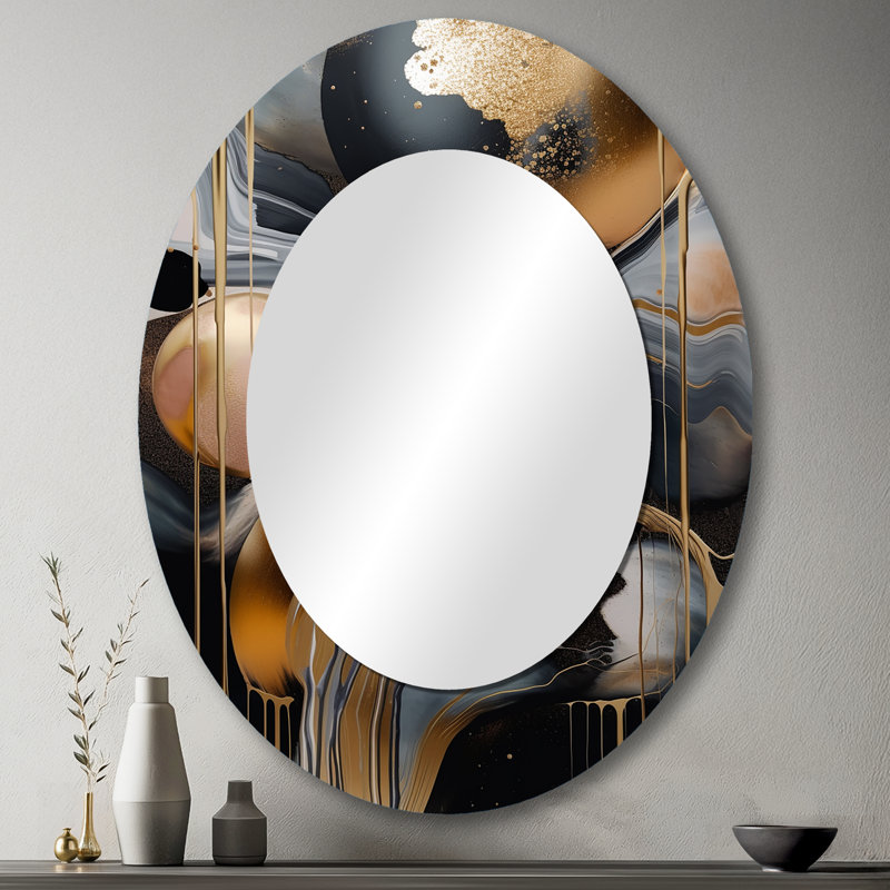 Gold And Black Marbled Euphoria V - Abstract Oval Decorative Mirror On Metal, 43" x 33"