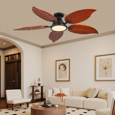 52 Inch Tropical Palm Leaf Flush Mount Ceiling Fan with LED Light, Black Finish, Reversible Airflow, Indoor & Outdoor for Patio Living Room