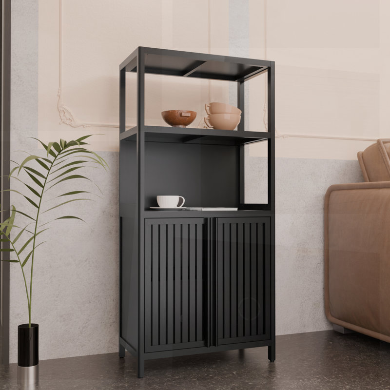 Bamboo Storage Cashion with 2 Doors, Floor Organizer for Bathroom, Living Room, and Kitchen, Black