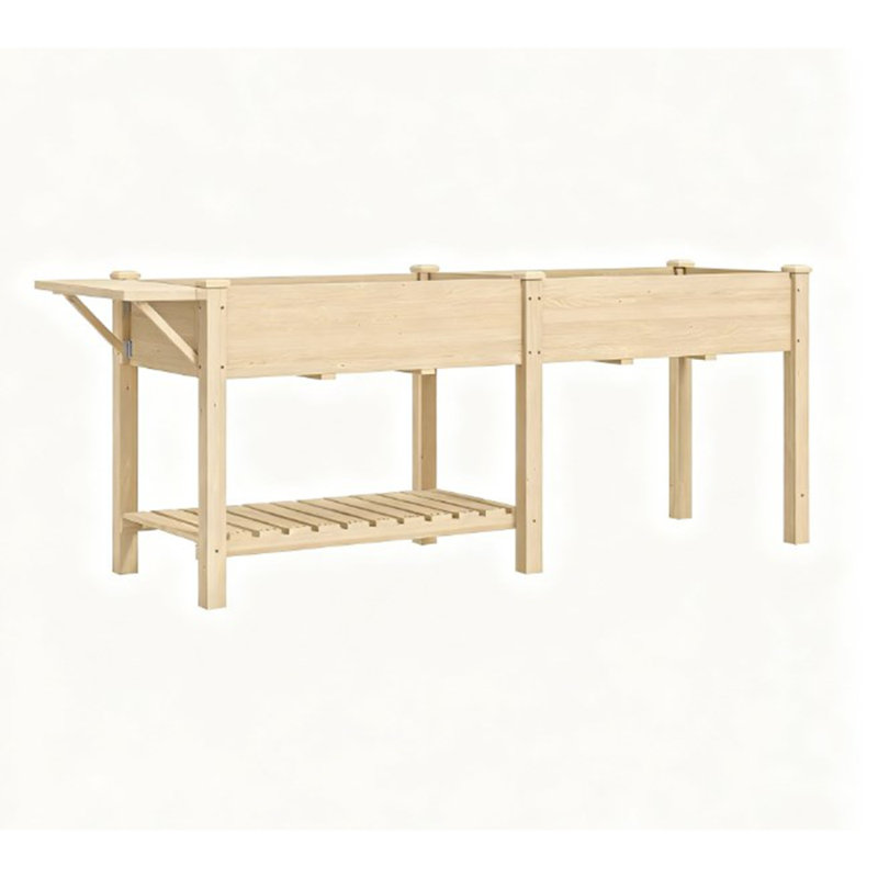 Elevated Garden Bed,Wood Raised Garden Box,with Side Table,Bottom Shelf,Bed Liners and Drainage Holes, Natural Wood