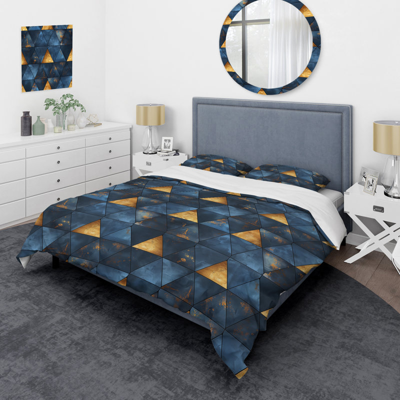 Ensemble de housse de couette moderne Blue Gold Modern Glam Triangles III, Housse de couette très grand et 2 très grandes t
