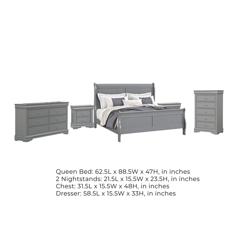 Ensemble de chambre avec grand lit 5 pièces, gris et nickel, ensemble 5 pièces avec 2 tables de chevet, commode et commode