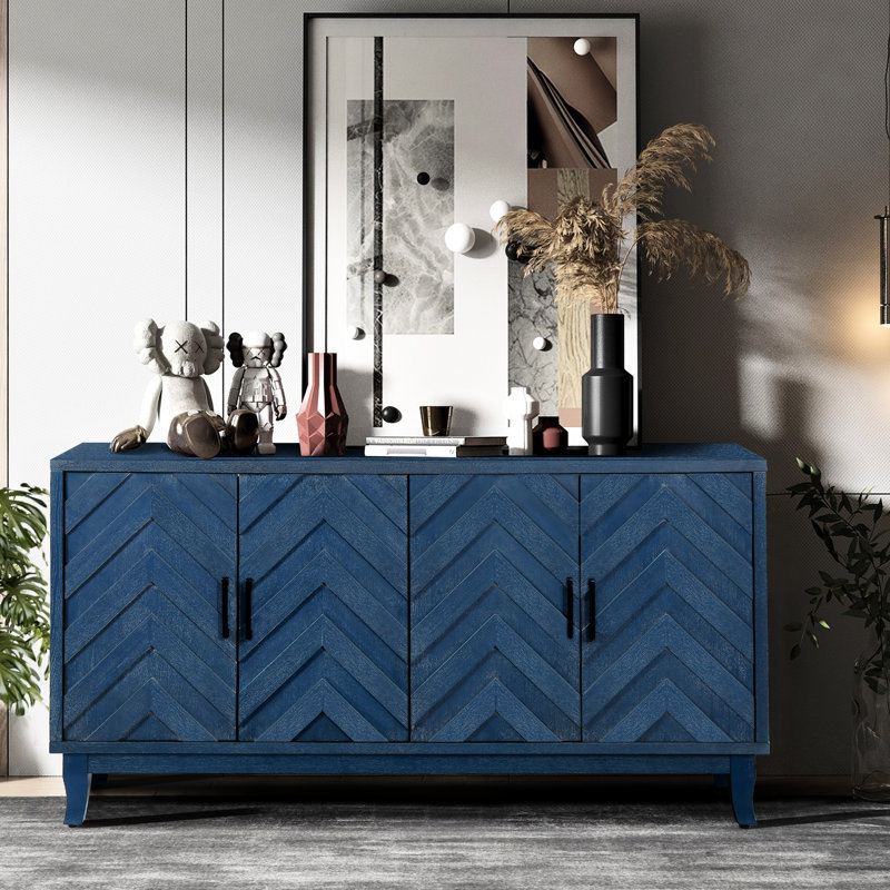 Armoire buffet en bois robuste à 4 portes avec apparence laquée et garniture durable, Bleu marine antique
