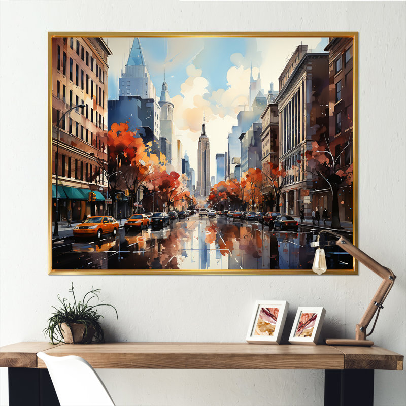 Automne, brise de New York, art sur toile New York, Cadre flottant doré, H 30 po x l 40 po x P 1,5 po