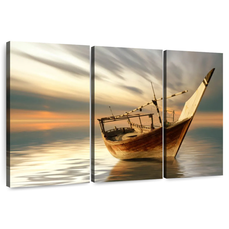 Bateau Mehar au coucher du soleil, H 48 po x l 74 po