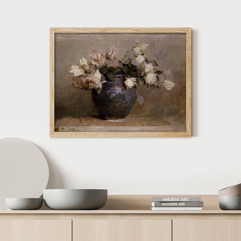 "Bouquet de roses blanches dans un vase" sur papier, Naturel, H 12 po x l 16 po