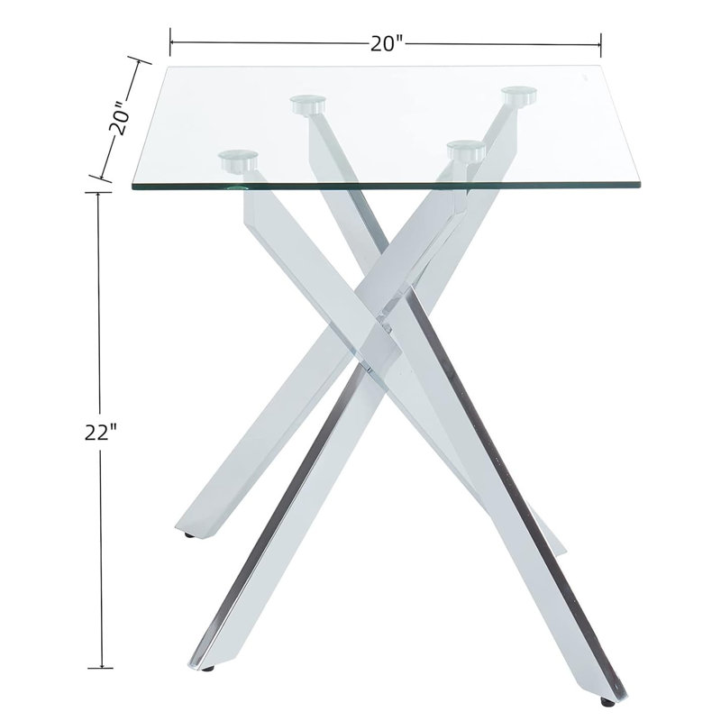 Modern Square Side Table - 20”Dx20”Wx22”H (Grey Tempered Glass Top & Black Metal Legs with Gold Rim), Silver