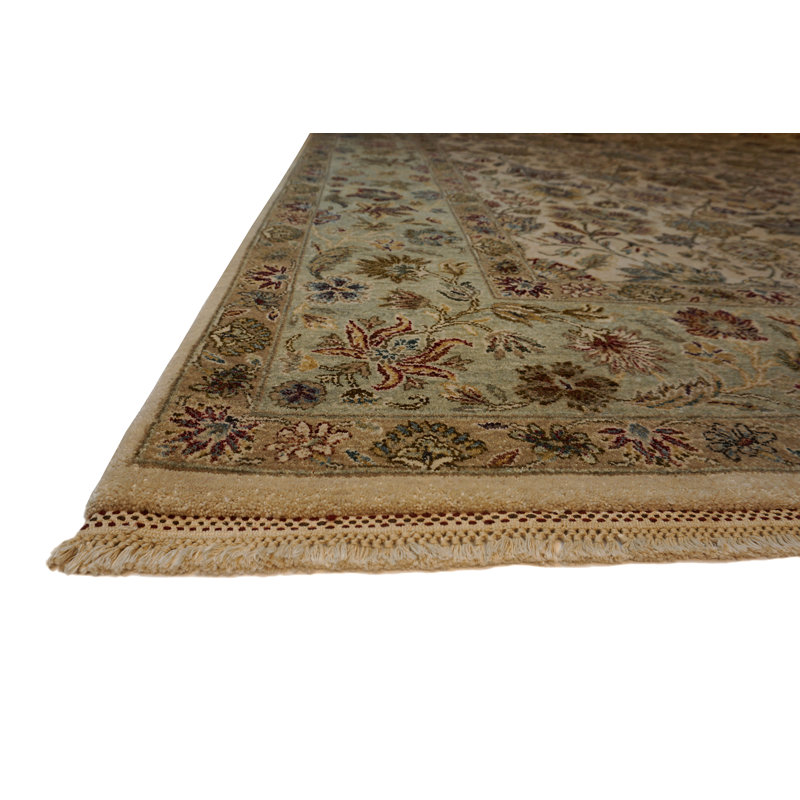 Tapis ivoire / vert menthe en laine noué à la main Cote D'Azure, Rectangle 5 pi x 7 pi