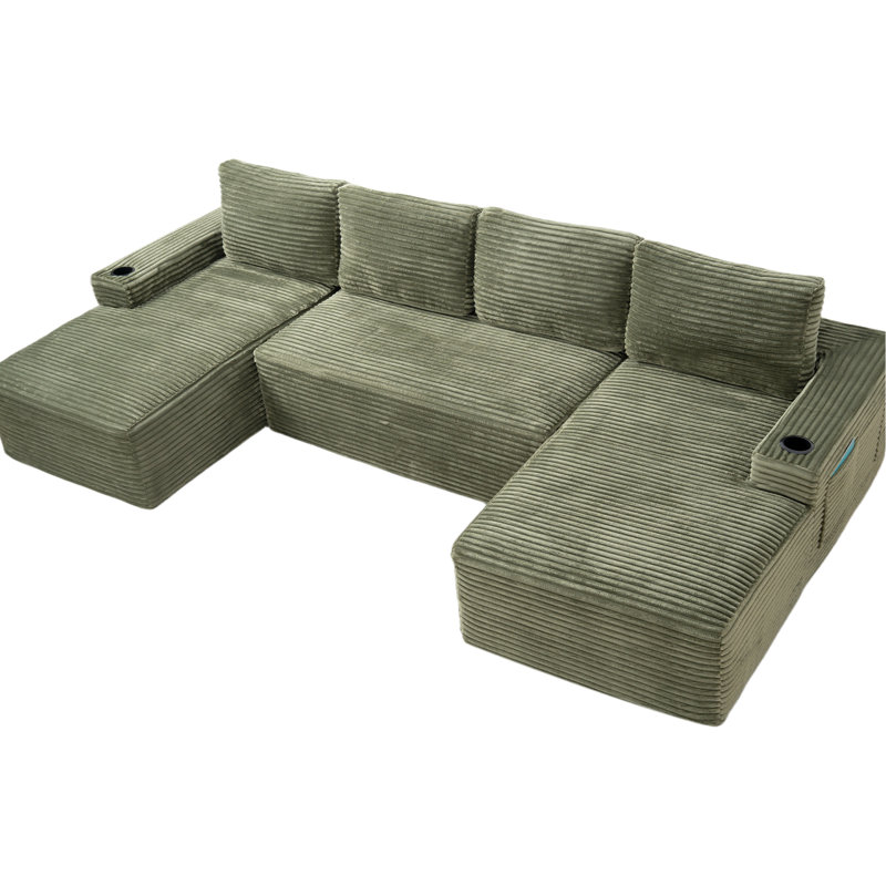 Canapé modulaire en velours côtelé en forme de U 6, avec porte-gobelets et poches de rangement, structure à ressorts ensachés en éponge, sans assemblage pour le confort du salon compressible, mousse et support à ressorts,