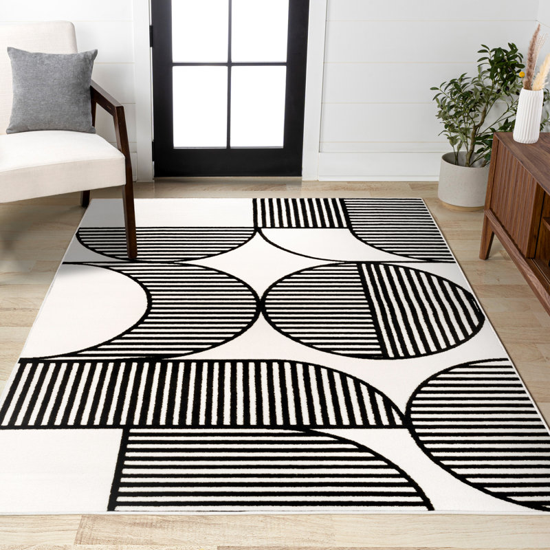 Nordby High-Low Geometric Arch Scandi Striped Black/White Rug, Rectangle 3'11" x 6'