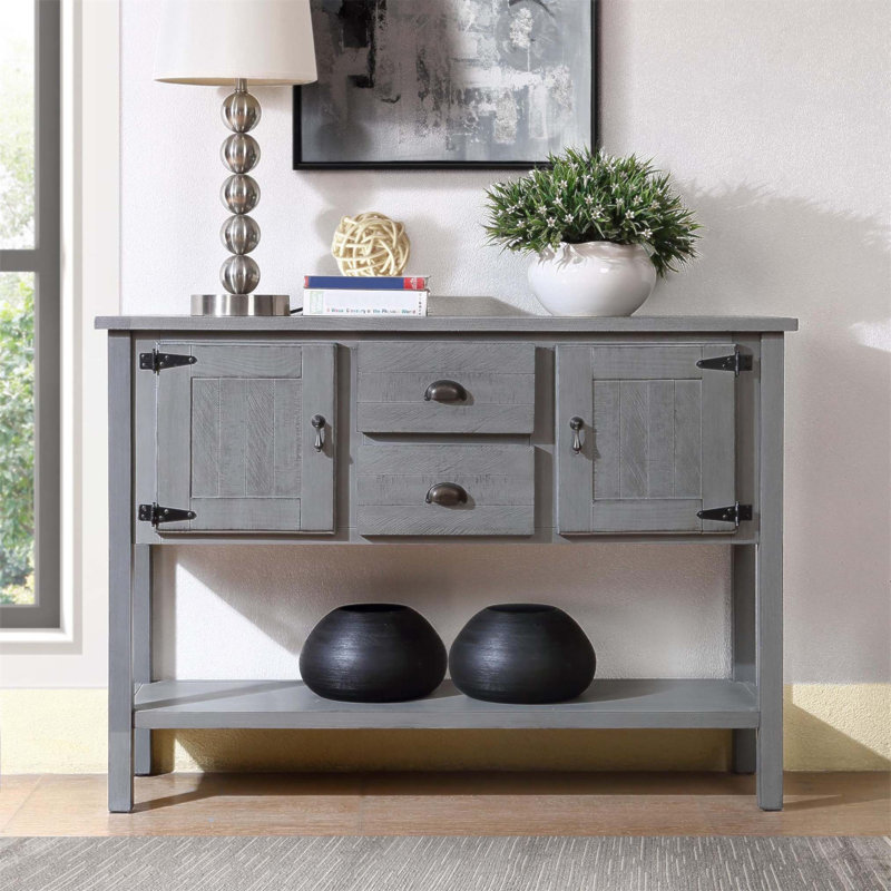Vintage Solid Wood Storage Sideboard with 2 Drawers, Cabinets, and Bottom Shelf for Enhanced Home Organization, Antique Gray