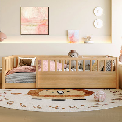 Twin Size Pine Floor Bed with Safety Fence Rails