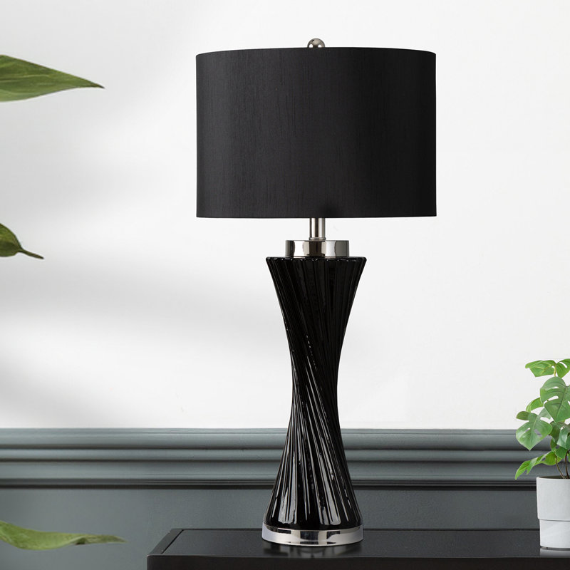 Living Room Table Lamp with Twisted Glass Base, Bedside Buffet Lamp for Bedroom with Linen Shade, Black, Black