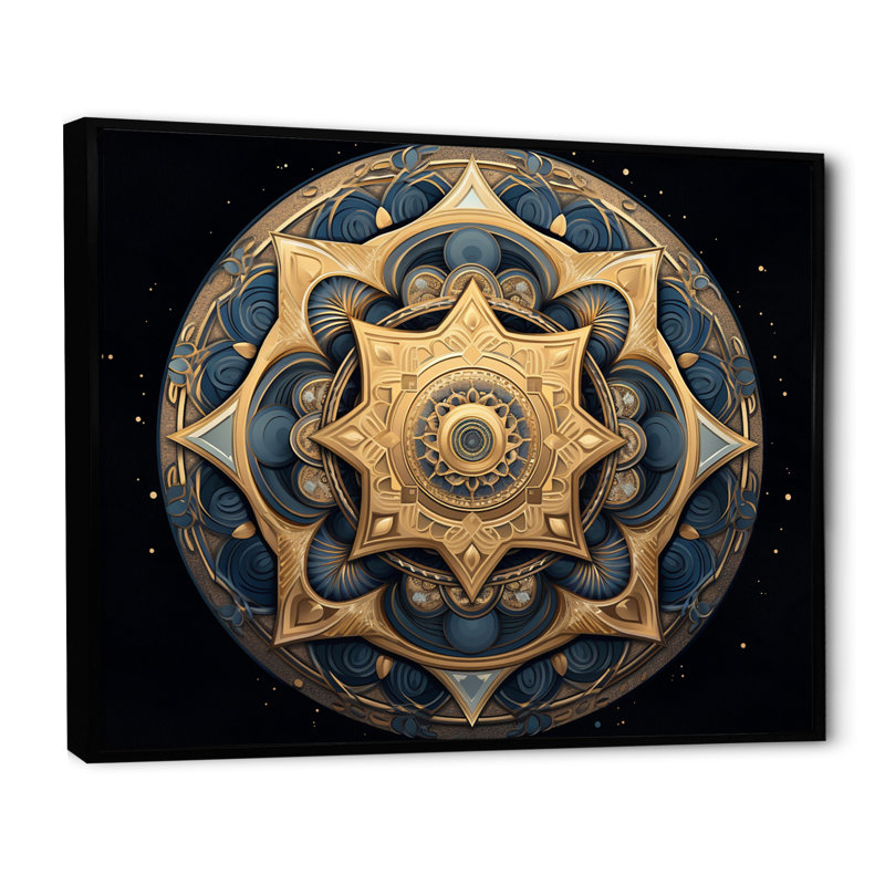Mandala géométrique en or et bleu nova I sur toile, Cadre flottant noir, 30" H x 40" W