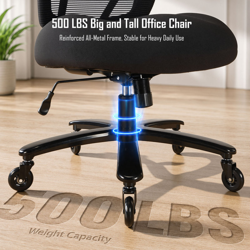 Grande et grande chaise de bureau en filet, chaise de bureau réglable robuste 500LBS avec accoudoirs rabattables