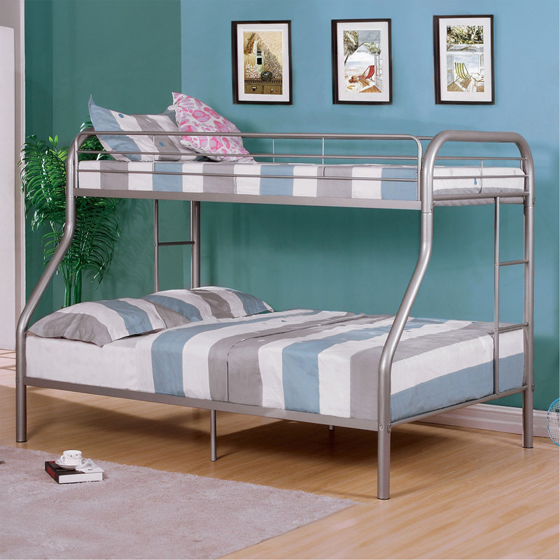  Lit superposé au-dessus de métal de style contemporain avec échelle en angle, Argent argent, Simple sur double