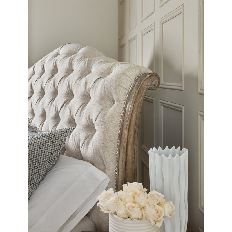 Beige and Brown King Upholstered Sleigh Bed with Tufted Headboard