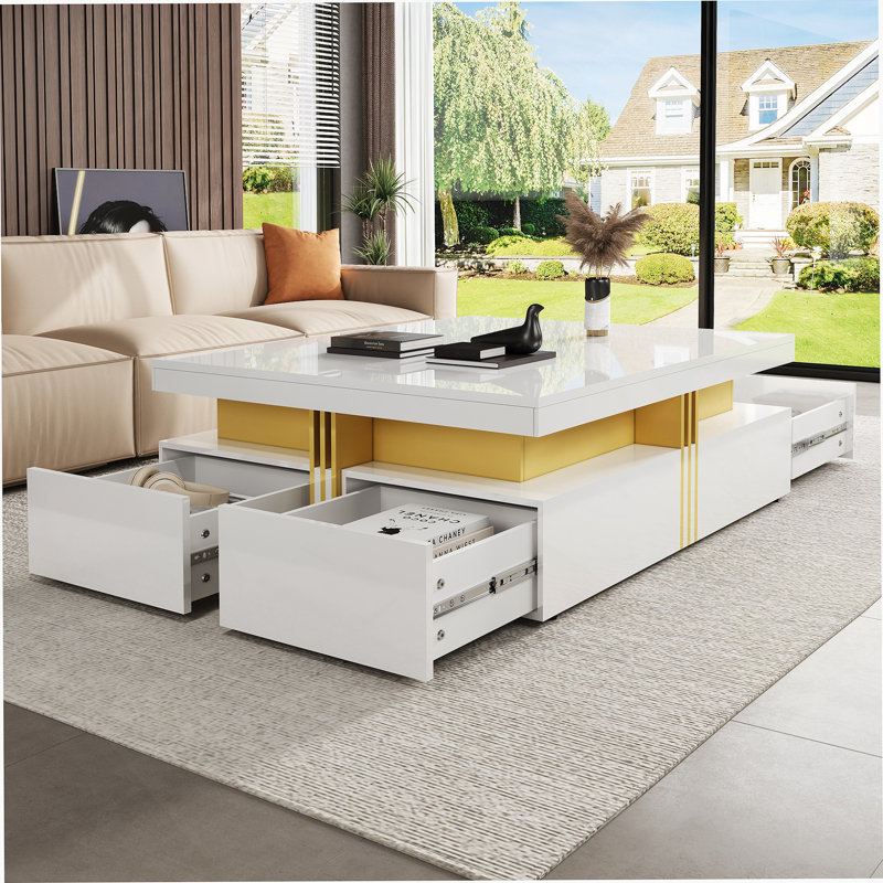 Table basse moderne avec rangement à 4 tiroirs et table basse contemporaine, Blanc lustré