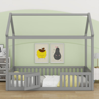 Wood House Bed With Fence And Door