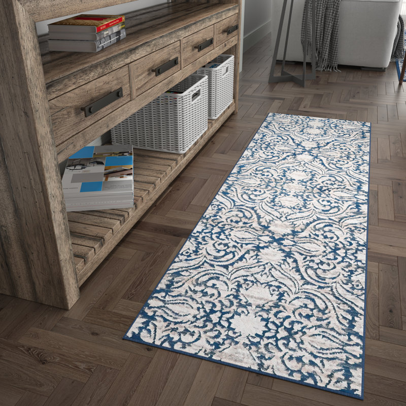 Tapis damassé bleu foncé Dania, Tapis de couloir 2 pi 3 po x 10 pi