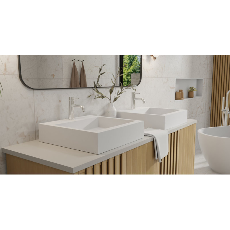 Badeloft 18.8" x 18.8" Square Stone Resin Vessel Bathroom Sink WB-05-S-M in Matte White, Matte White