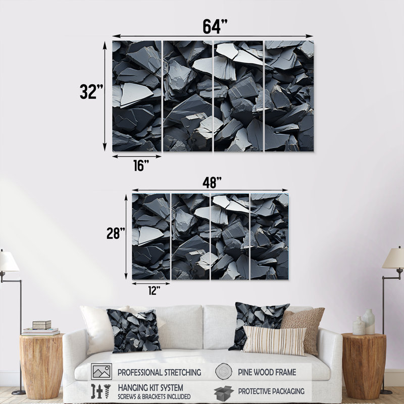 «Tachisme Gray Rocks Explosion», ensemble d'art mural 4 pièces, H 28 po x l 48 po