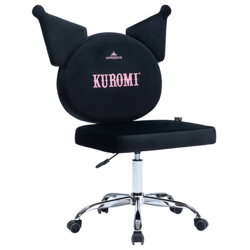 Kuromi Armless Swivel Cute Desk Chair for Bedroom, Velvet Makeup Vanity Chair with Back, Black
