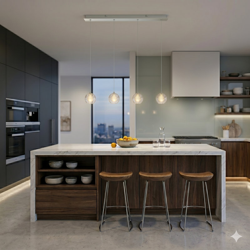 Luminaire suspendu linéaire à 4 lumières pour îlot de cuisine Riverdale, Chrome