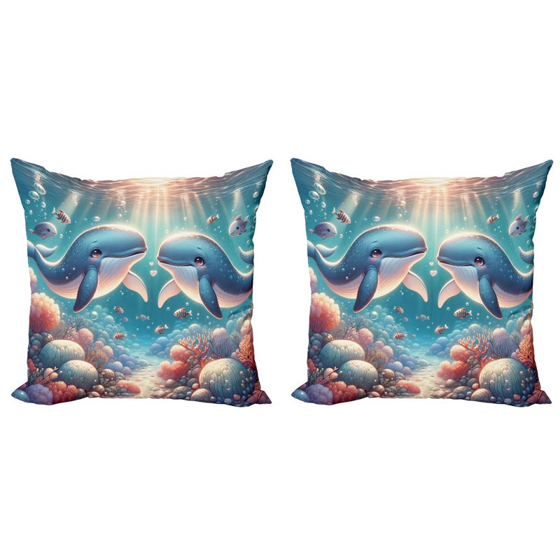430019_Ambesonne, baleine, housse de coussin, paquet de 2, art turquoise, océan profond, H 16 po x l 16 po