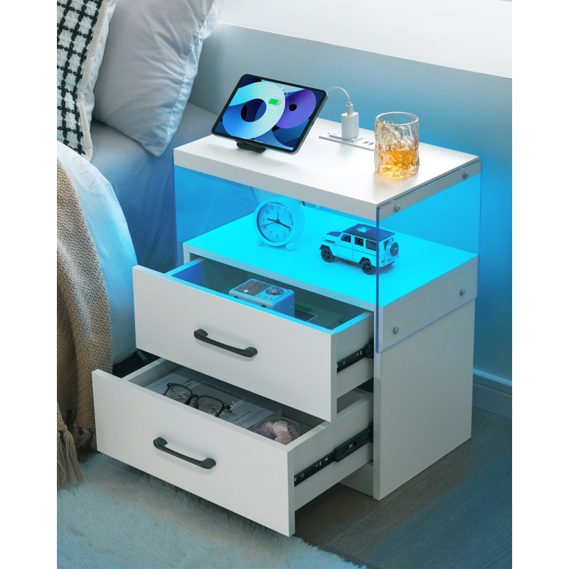 22'' Height Modern LED Nightstand with Charging Station, White, Individual