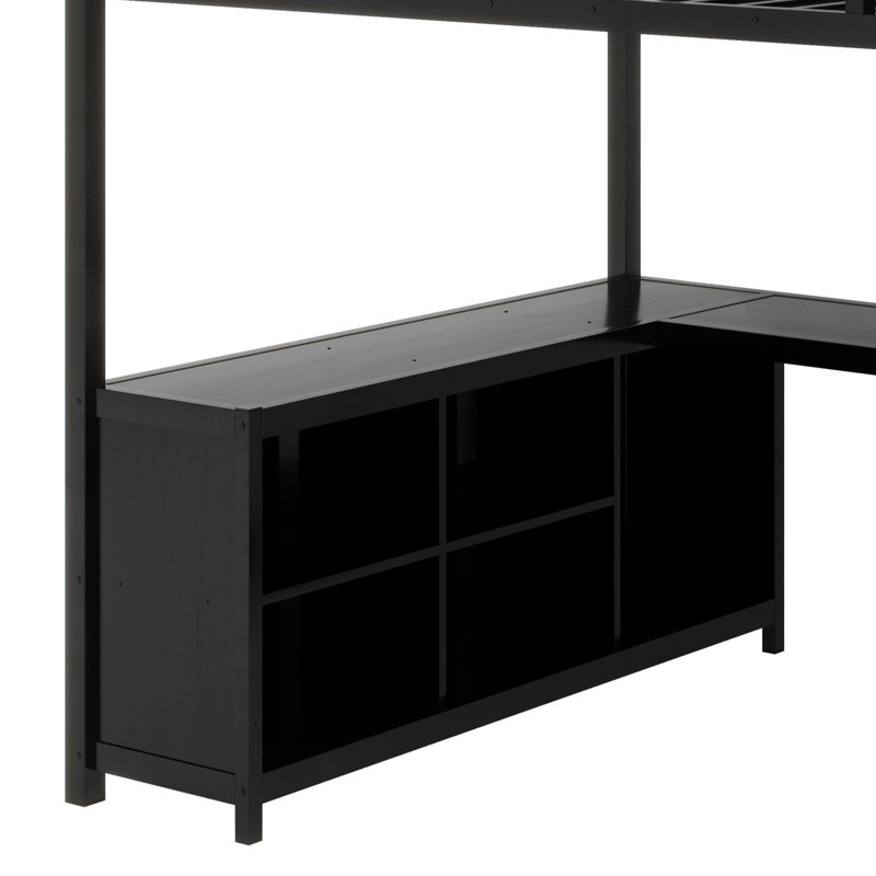 Lit mezzanine en métal avec cubes de rangement et tablettes, garde-robe et bureau en L