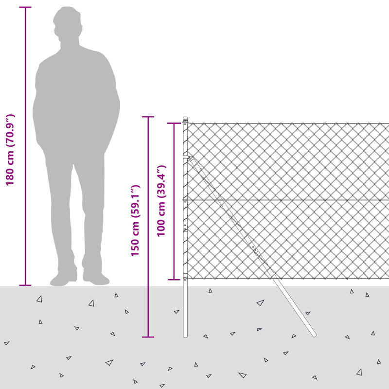 Chain Link Fence Set Of 2 Galvanised Steel Durable, 150cm H x 2500cm W