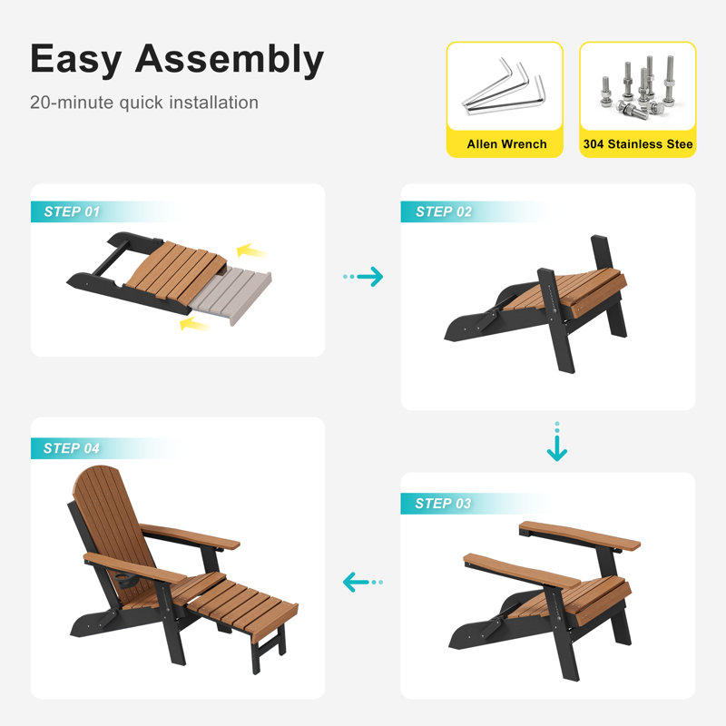 Folding Adirondack Chair with Retractable Ottoman & Cup Holder, 3-Position Adjustable for Patio, All-Weather Outdoor Seating