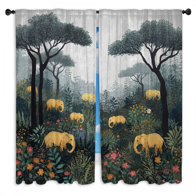 Éléphants dans la forêt Rideaux de fenêtre Éléphants diaphane et obscurcissant - 2 panneaux, 40in x 61in - 2 panels, Sheer