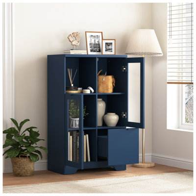 Armoire de rangement en panneau de fibres à densité moyenne bleu marine avec portes en verre - Organisateur de salon moderne avec rangement ouvert et tiroir