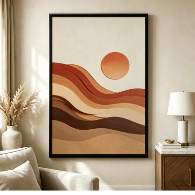 Toile encadrée noire, vagues de papier superposées sous un soleil orange dégradé, style art papier minimaliste. Impression sur toile pour le salon, la chambre à coucher
