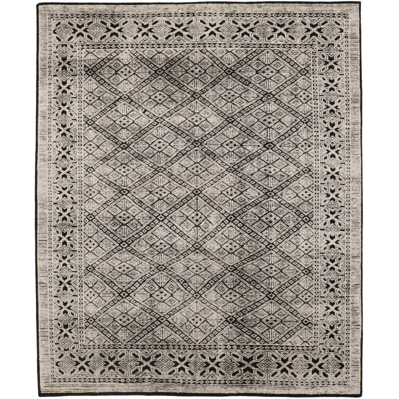 Tapis gris anthracite en laine noué à la main à motif géométrique 8 pi x 10 pi