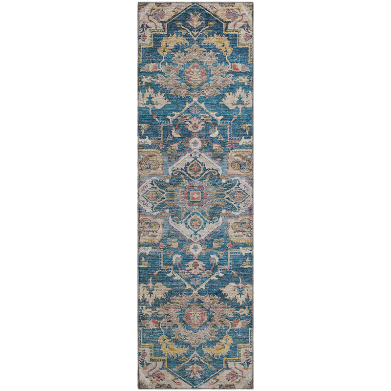 Premium Machine Washable Prisco Blue Rug, Runner 2'3" x 7'6"