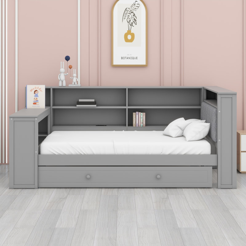 Upholstered Headboard Bed with Trundle, Storage Shelves, Desk & Charging Station, Grey+ Grey Cushion