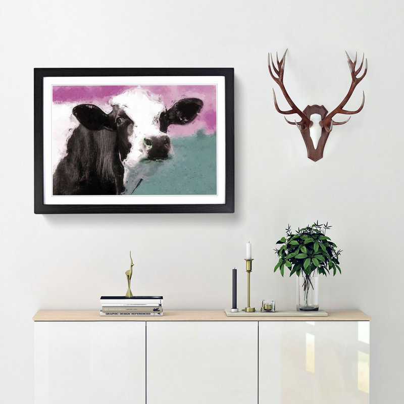 Cow in the Meadow in Abstract - Picture Frame Painting Print, 36cm H x 48cm W x 2cm D, Black Framed
