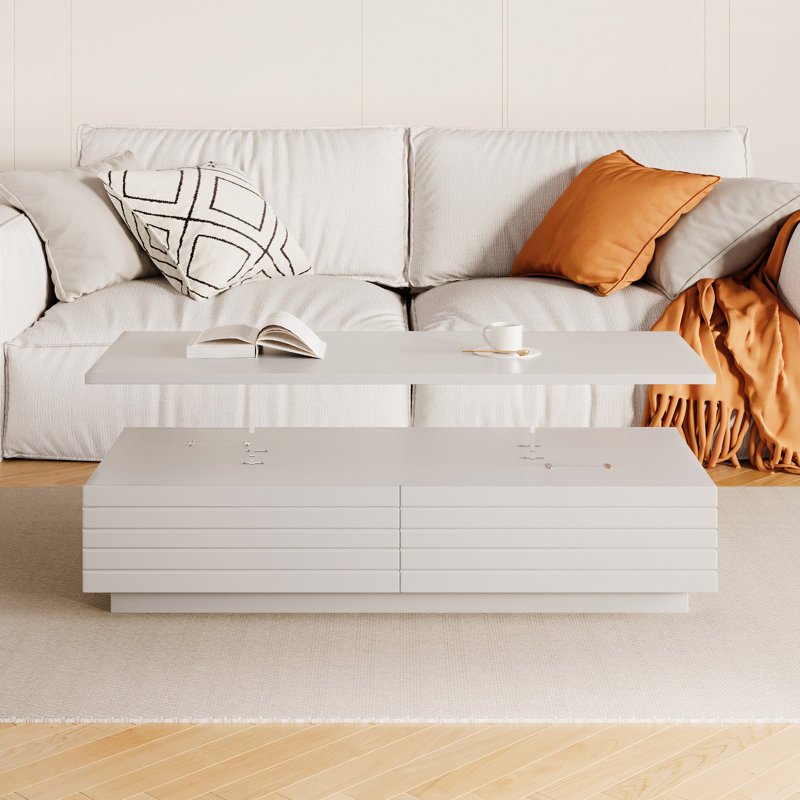 Table basse moderne à 2 tiroirs de 47,2 po avec lumières à DEL blanches modernes (table basse incluse, sans chaises), Blanc