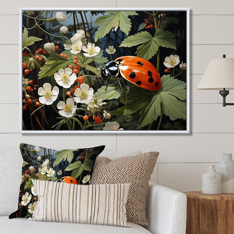 «Ladybug Playful Spots Pastoral III», reproduction d'art sur animaux, H 24 po x l 32 po, Cadre flottant blanc